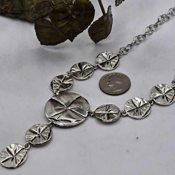 "5/$25" Silvertone Sand Dollar Disc Y Drop Adjustable Necklace - Picture 3 of 8